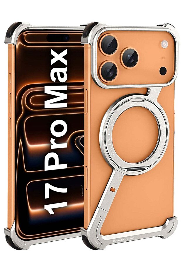 Minimalist Phone Cover for iPhone 17 Pro Max, 360° Rotation Kickstand Aluminum Metal Frameless