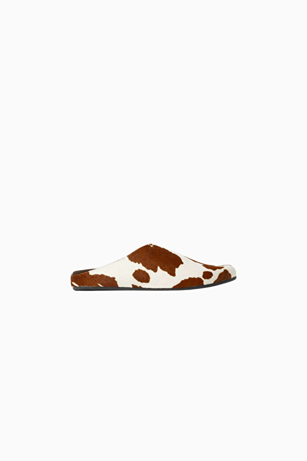 Brown and White Cow Pattern, Calf Hair Women's Slippers Clogs