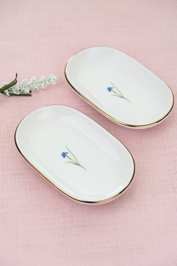 Tabak Evi Porcelain Natura Iris Gold Gilded Oval Boat-Shaped Tray 14X9X2.50Cm 2 Pieces