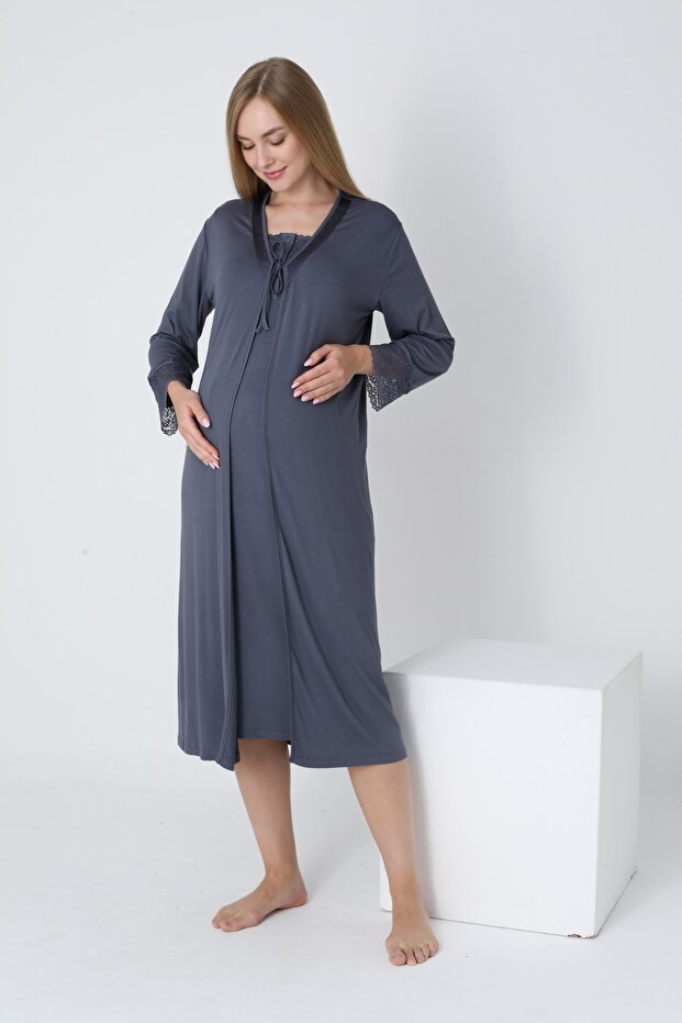 Smoked Lace Detailed Maternity and Postpartum Nightgown Set