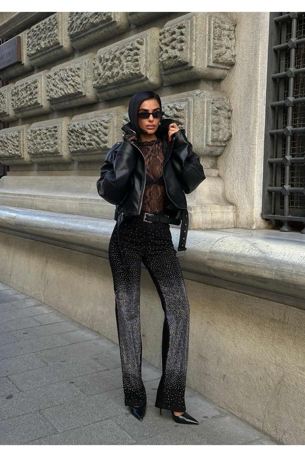 Stone Detailed Black High-Waisted Palazzo Jeans GLM-586