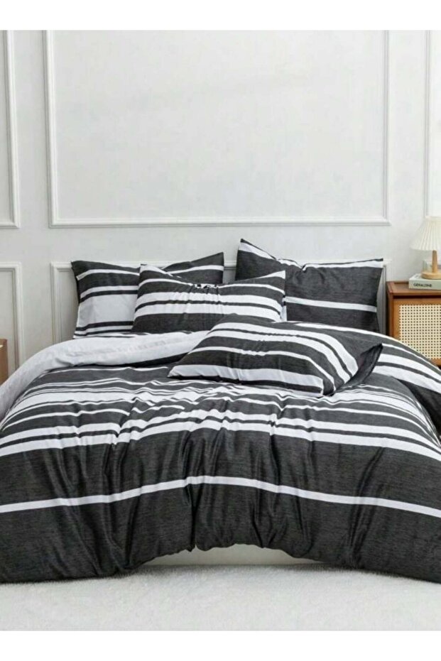 King Size 6 Pieces Black Stripe Design Bedding Set