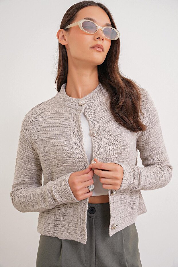 6778 Kadın Links Desenli Crop Triko Hırka Taş - 3