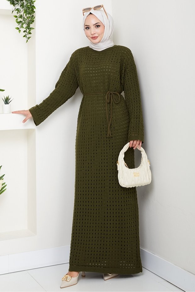 Belted Lace Detail Lined Knitwear Dress 1602 - Khaki