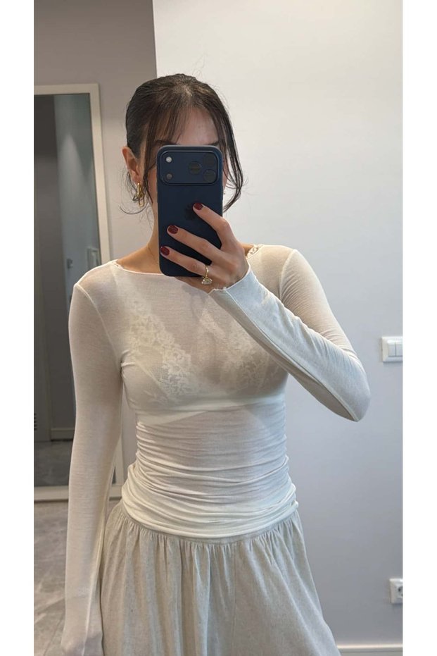 White Boat Neck Cashmere Transparent Blouse - 202517