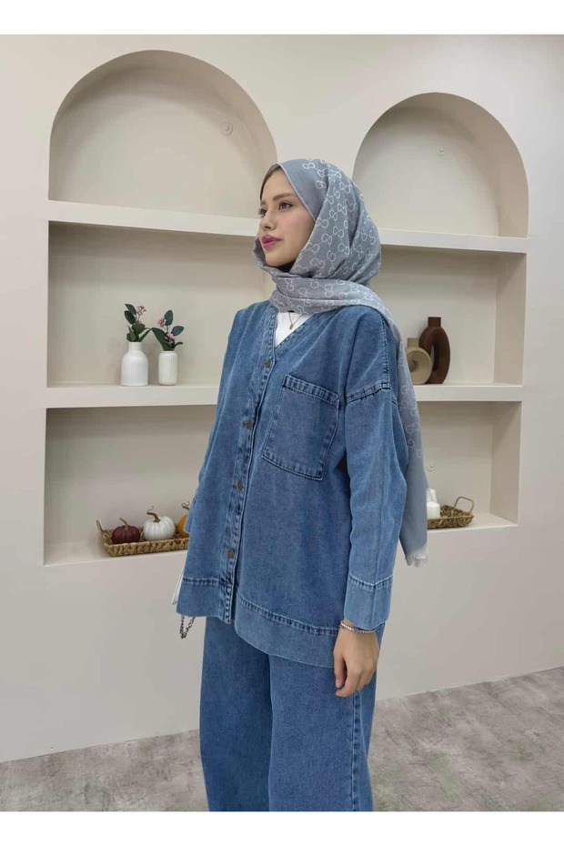 طقم جينز برقبة على شكل حرف V - 5