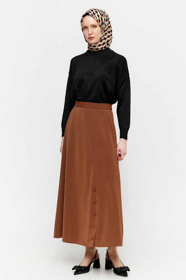 Süs Düğmeli Evaze Etek - 1