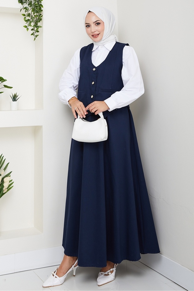 Double Gabardine Vest Skirt Set 1400 - Navy Blue