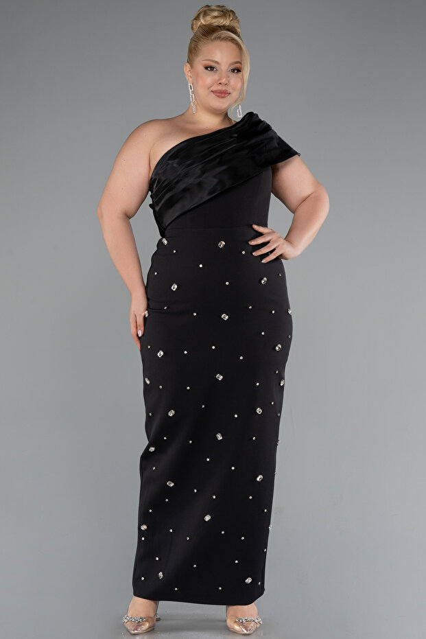 Siyah Tek Omuz Taşlı Midi Büyük Beden Davet Elbisesi ABK2414 - 1