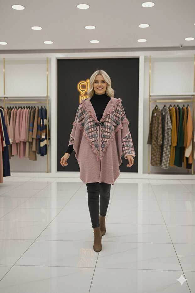 Bohem Püsküllü Kapşonlu Panço / Örme Ceket - 1