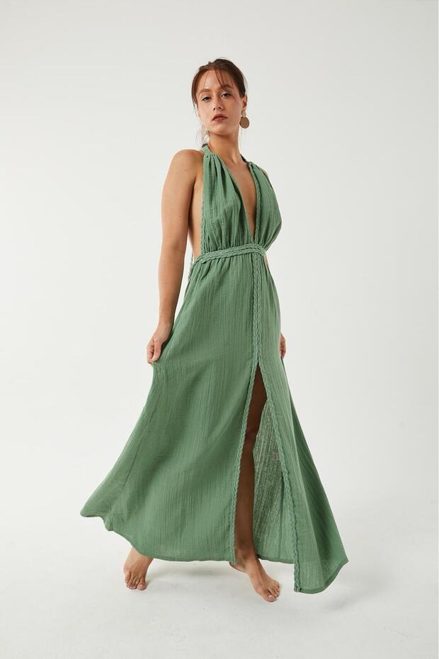 Women's Slit Detailed Backless Muslin Fabric Dress