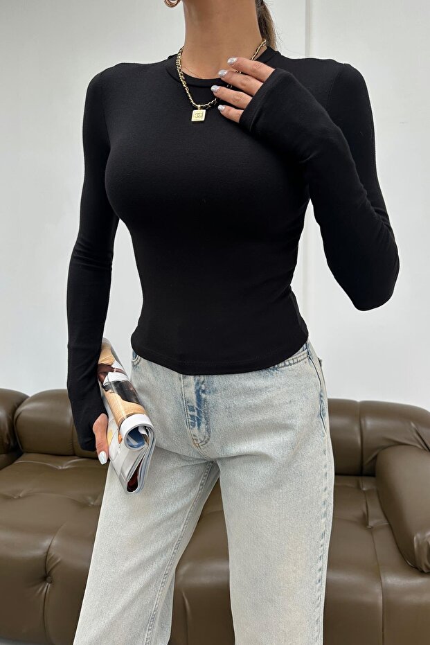 Bisiklet Yaka Basic Bluz Siyah - 5