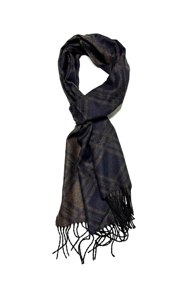 Brown Navy Blue Patterned Scarf Kaşkol - 1