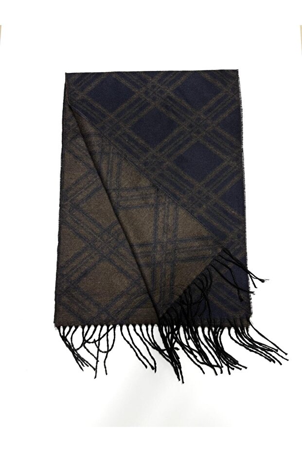 Brown Navy Blue Patterned Scarf Kaşkol - 2