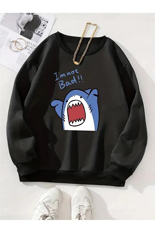 Shark I'M Not Bad Printed Black Crew Neck Sweatshirt