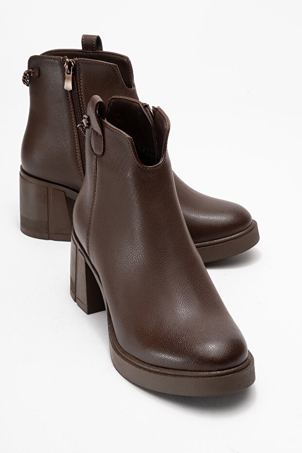 Mi̇er Brown Leather Chain Detailed Women's Thick Heeled Boots