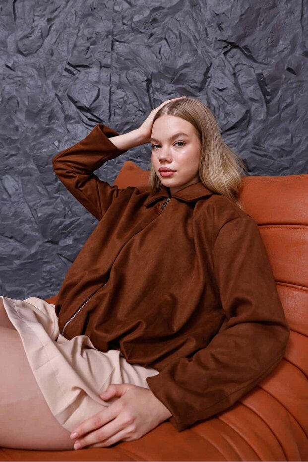 سترة من جلد الغزال البني بسحاب - 2