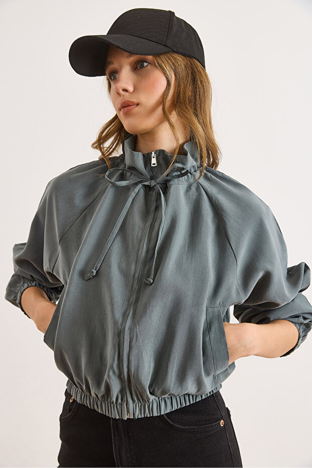 Women's Smoked Modal Stand Collar Zipper Pocket Draped Jacket Ckt-19000475