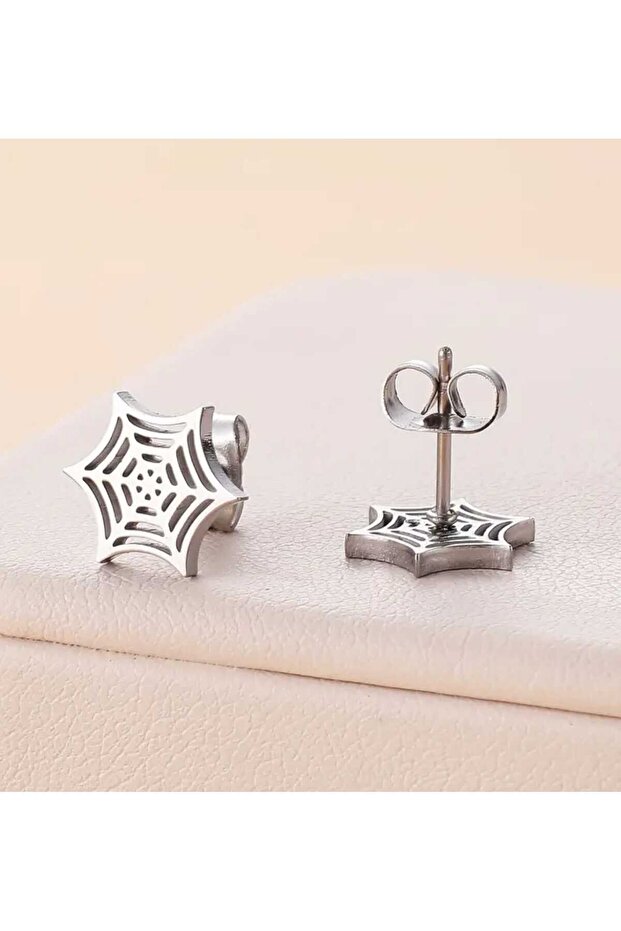 Spider Web Model Suitable for Daily Wear Halloween Stylish Minimal Design White Steel Nail Earrings