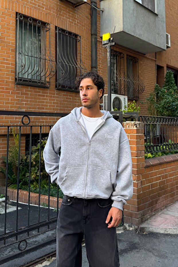 Flaw Embroidered Zip Hoodie Gray Melange