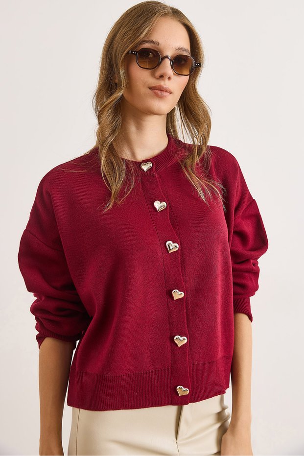 Women's Burgundy Heart Buttoned Crew Neck Knitwear Cardigan Hrk-19000410