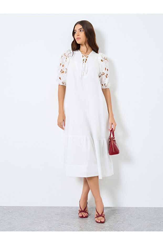 Lace Puff Sleeves Midi Dress with Tie-Up Neck