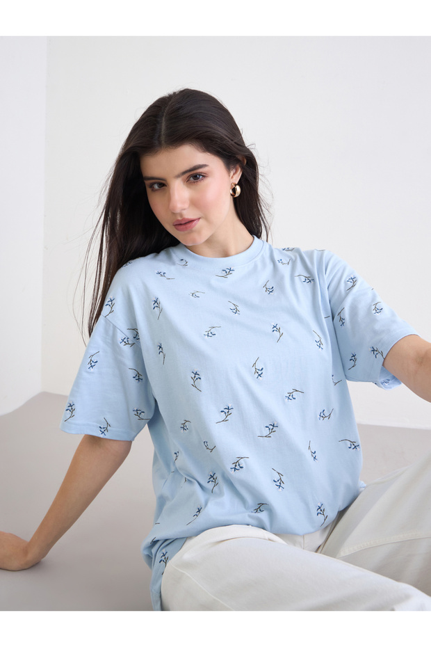 Blue Embroidered Floral Oversized T-Shirt