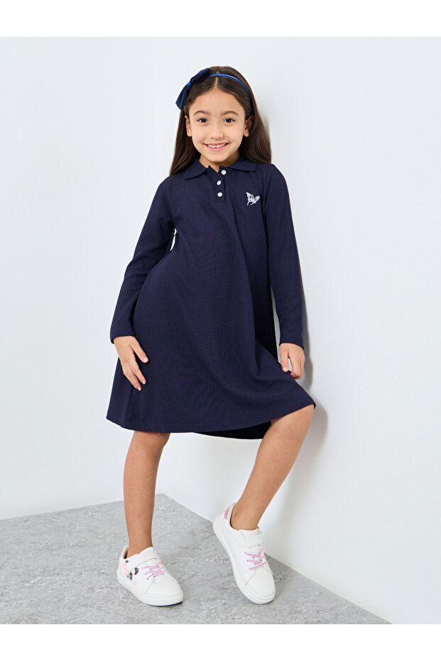 Girls Textured Knit Polo Dress