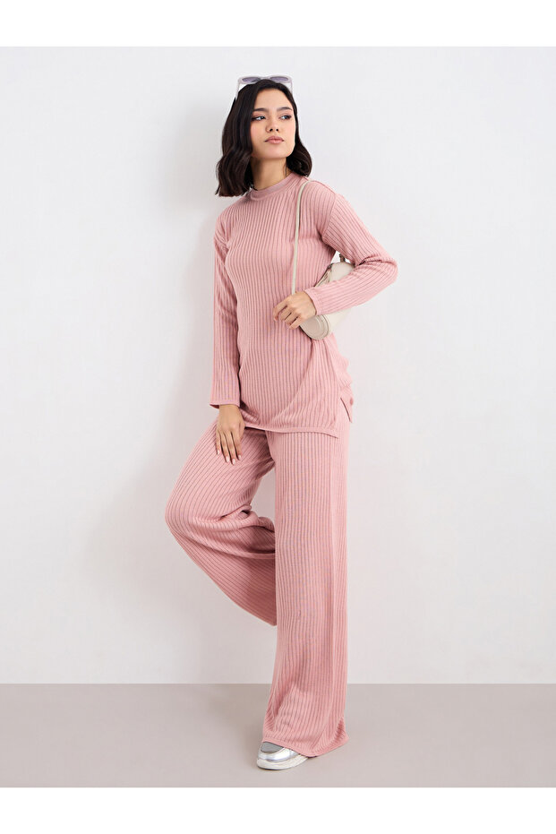 Women Textured Knit Top and Pants Winter Modest Set