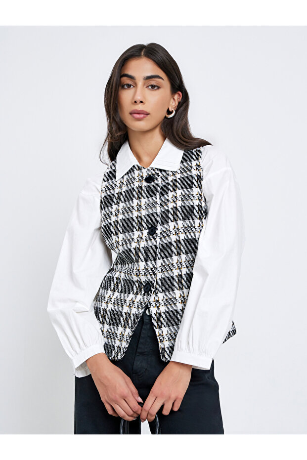 Checked Front Button Sleeveless Waistcoat