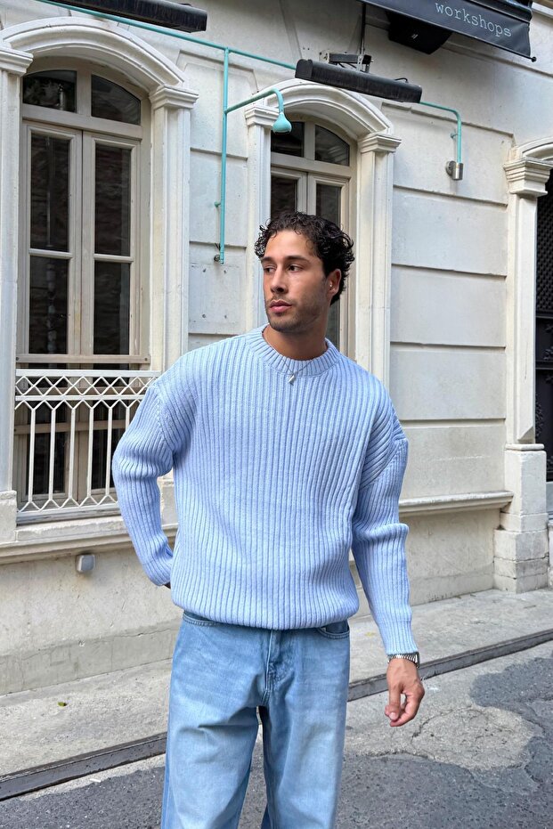 Corded Fabric Knitwear Sweater Blue