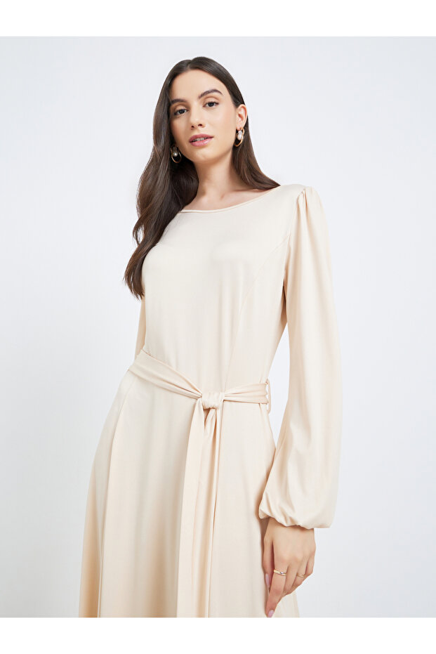 Beige A-Line Maxi Dress with Tie Waist