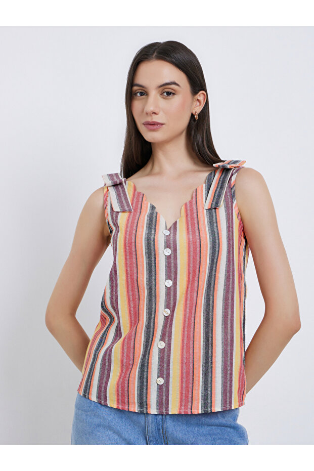 Striped V-Neck Buttoned Strappy Top