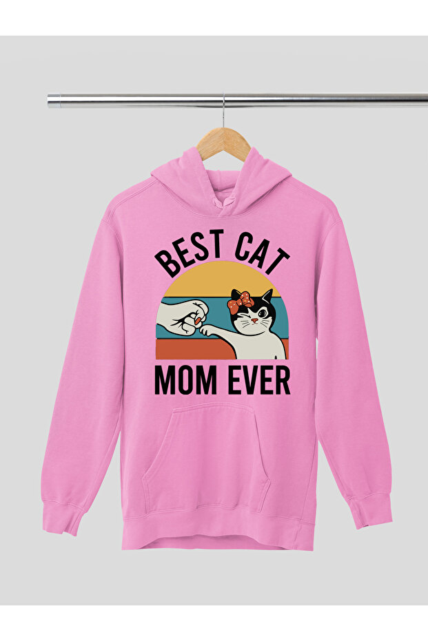 Best Cat Mom Printed Cotton Long Sleeve Charted 3 Yarn Hooded Sweatshirt