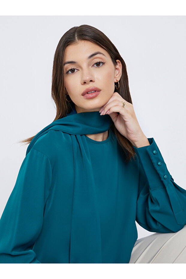 Teal Long Sleeve Blouse with Scarf Detail
