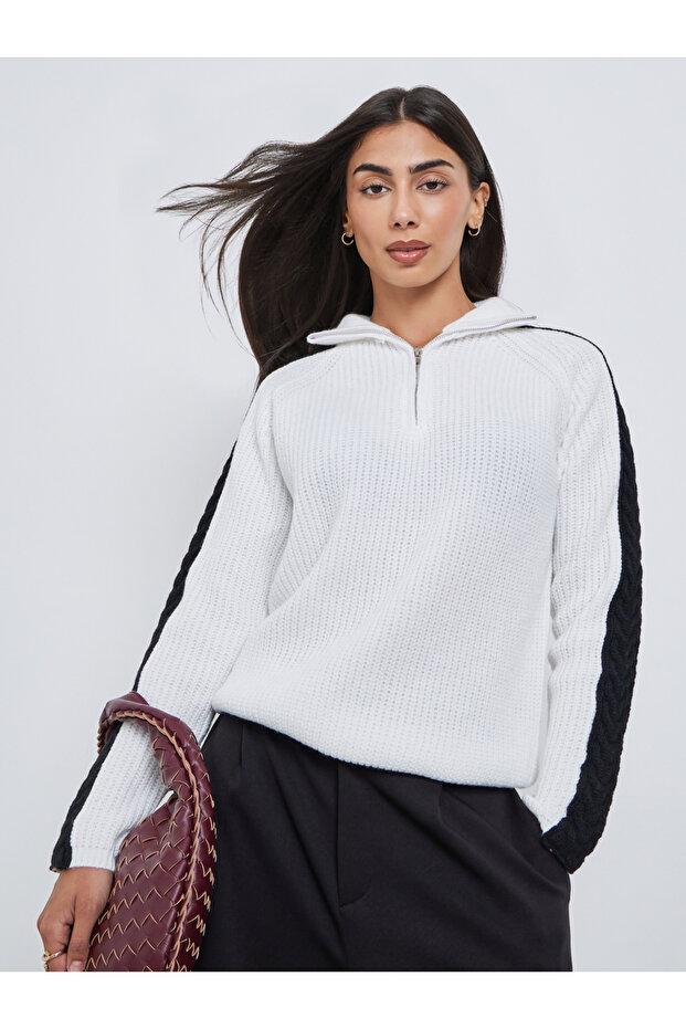 Off White Half-Zip Side Stripe Sweater