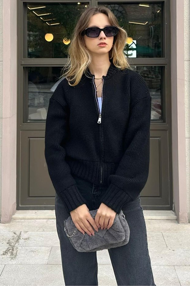 Black Zippered Knitwear Women's Cardigan Sh319