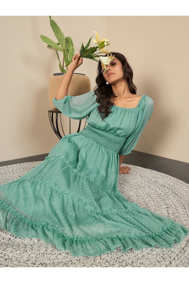 Green Smocked Detail Balloon Sleeve Tiered Midi Dress