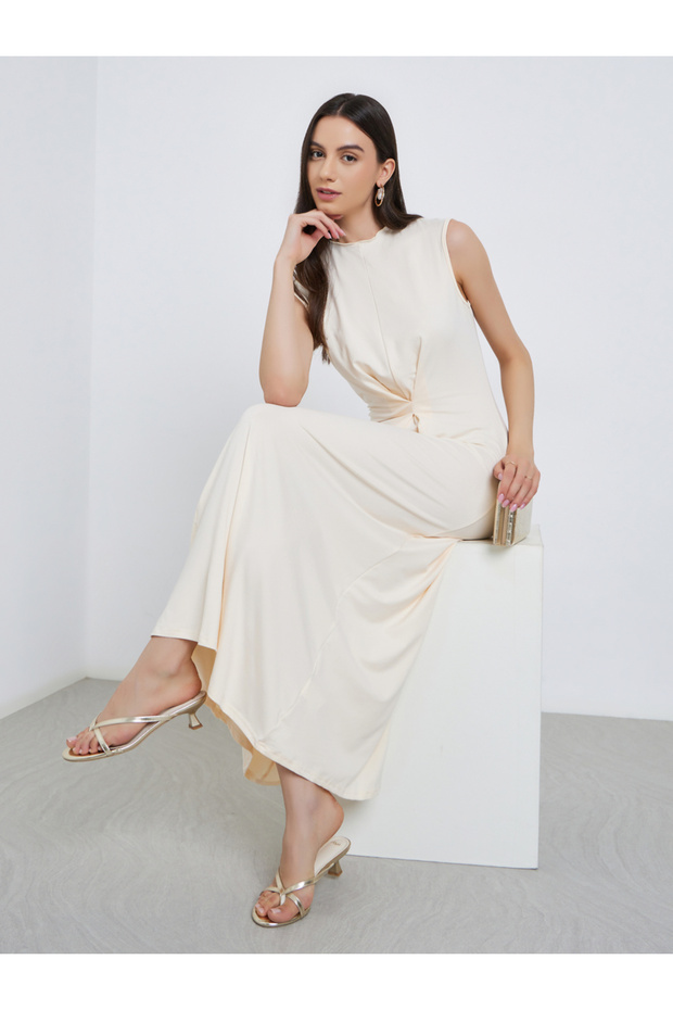 Beige Solid Center Front Pleated Midi Dress