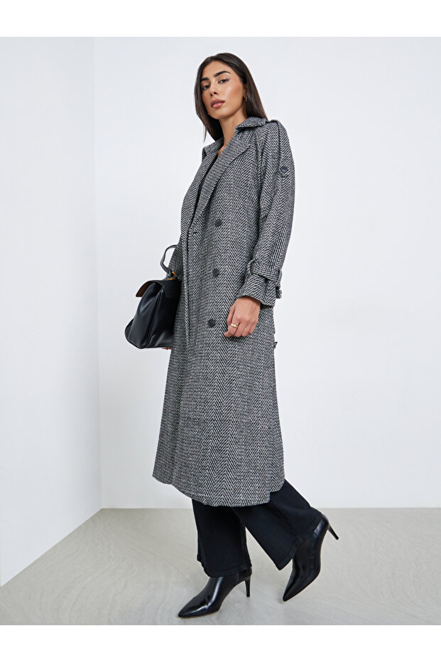 معطف منقوش مزدوج الصدر بقصّة عادية - 1