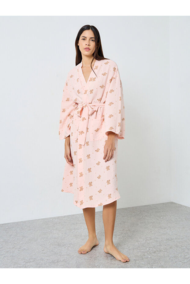 Teddy Print Pocket Detail Tie Robe