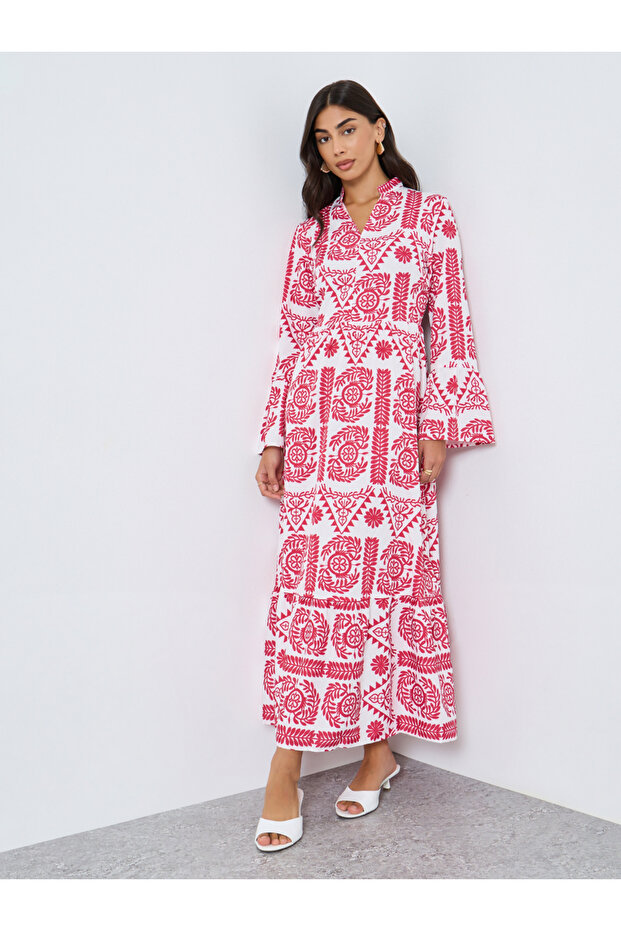 Floral Print Stand Collar A-Line Maxi Dress