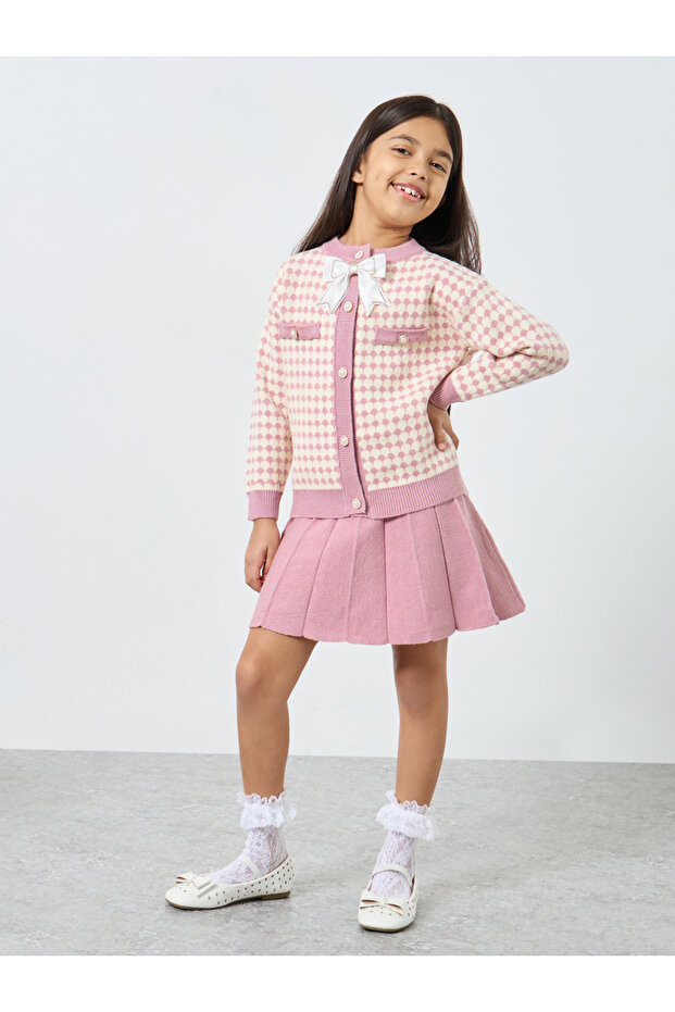 Girls Pink Knitted Cardigan and Skirt Set