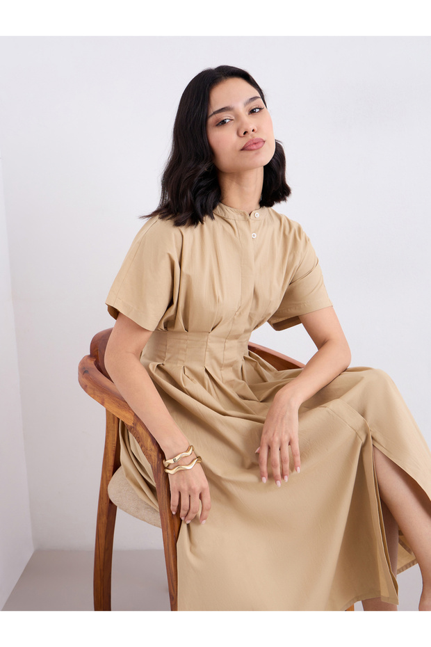 Beige Shirt Midi Dress with Fold Pleated