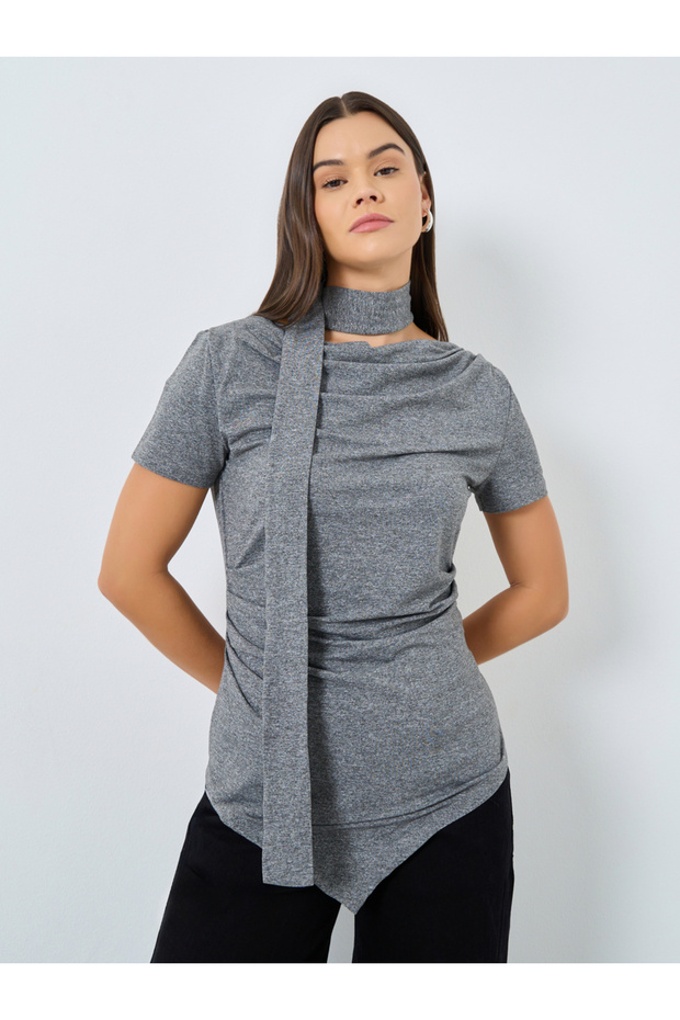 Grey Knit Top with Tie Neck Detail