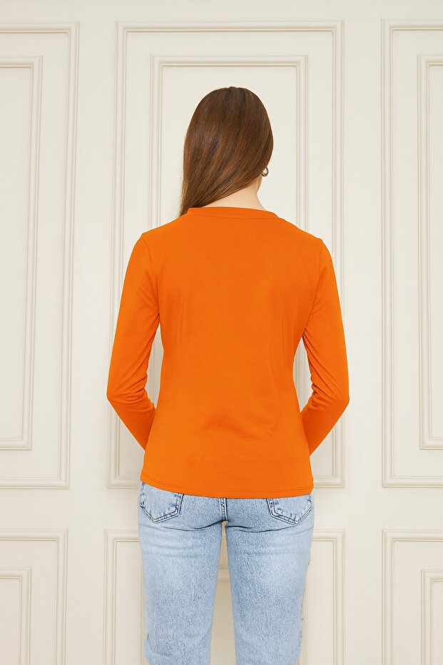 Kadın V Yaka Uzun Kol Basic Tişört - 5