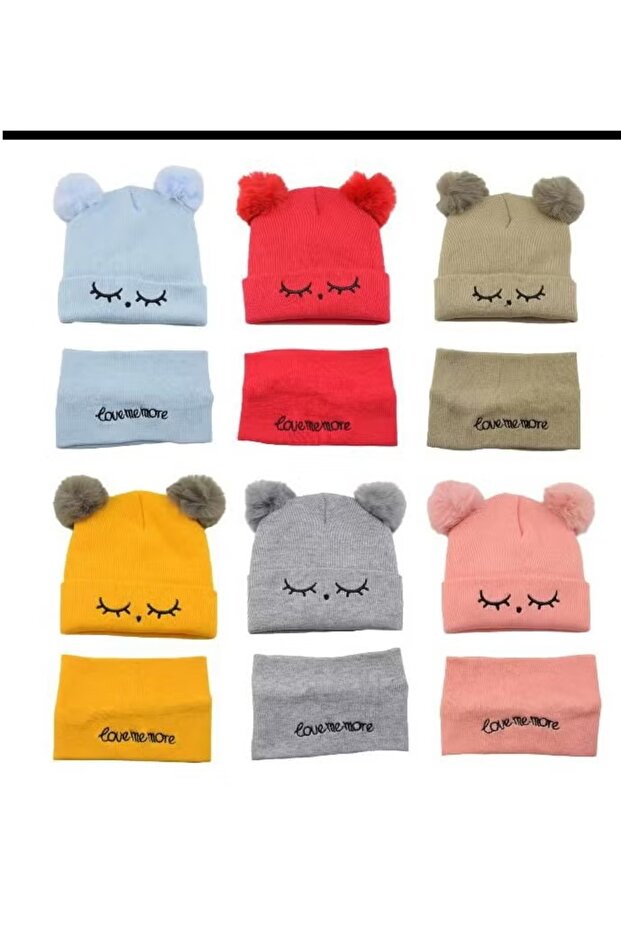 Children's winter set consisting of a light blue wool hat with two ball ears, adding a touch of - 3