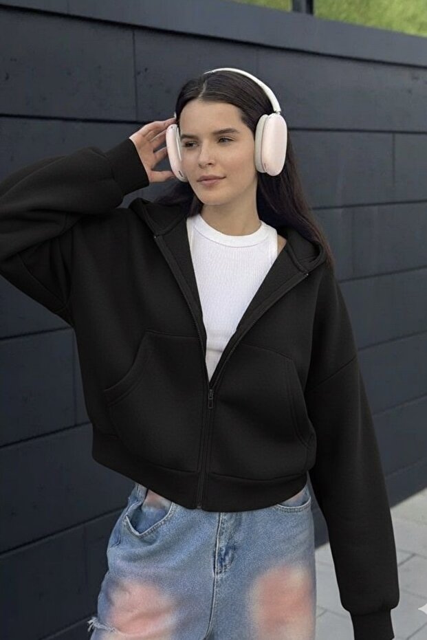 Black 3 Thread Ribbed Hooded Crop Cardigan