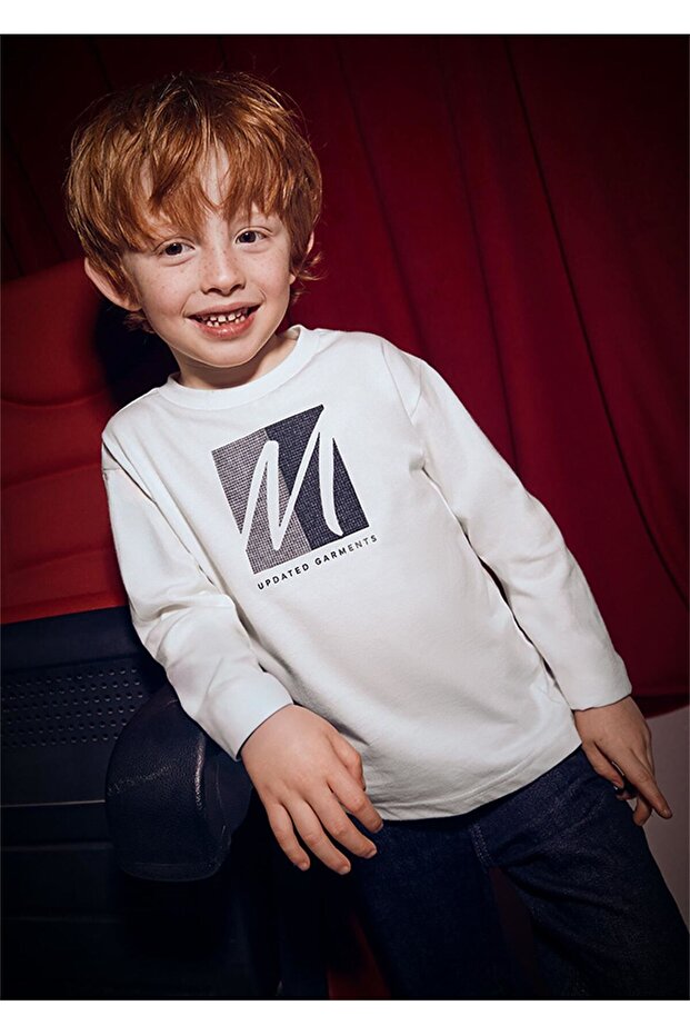 Boy's Printed Long Sleeve T-Shirt Ekru 4086