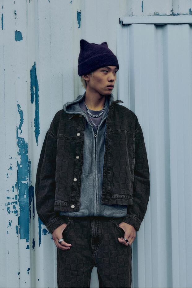 Ekose desenli denim ceket - 1